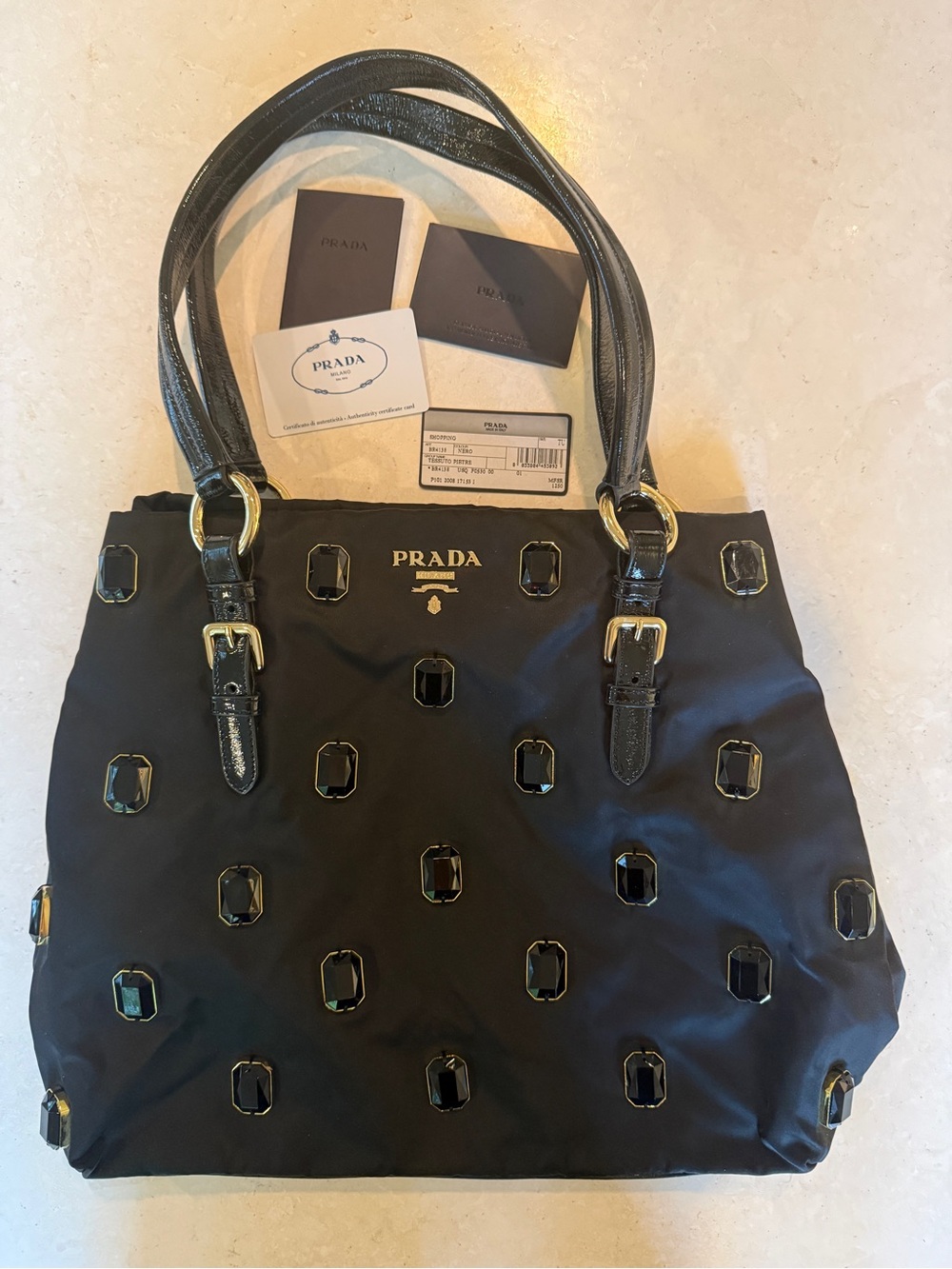 Authentic Prada Black Tote with Faceted Jewel Accents. Tessuto Pietre 2008.